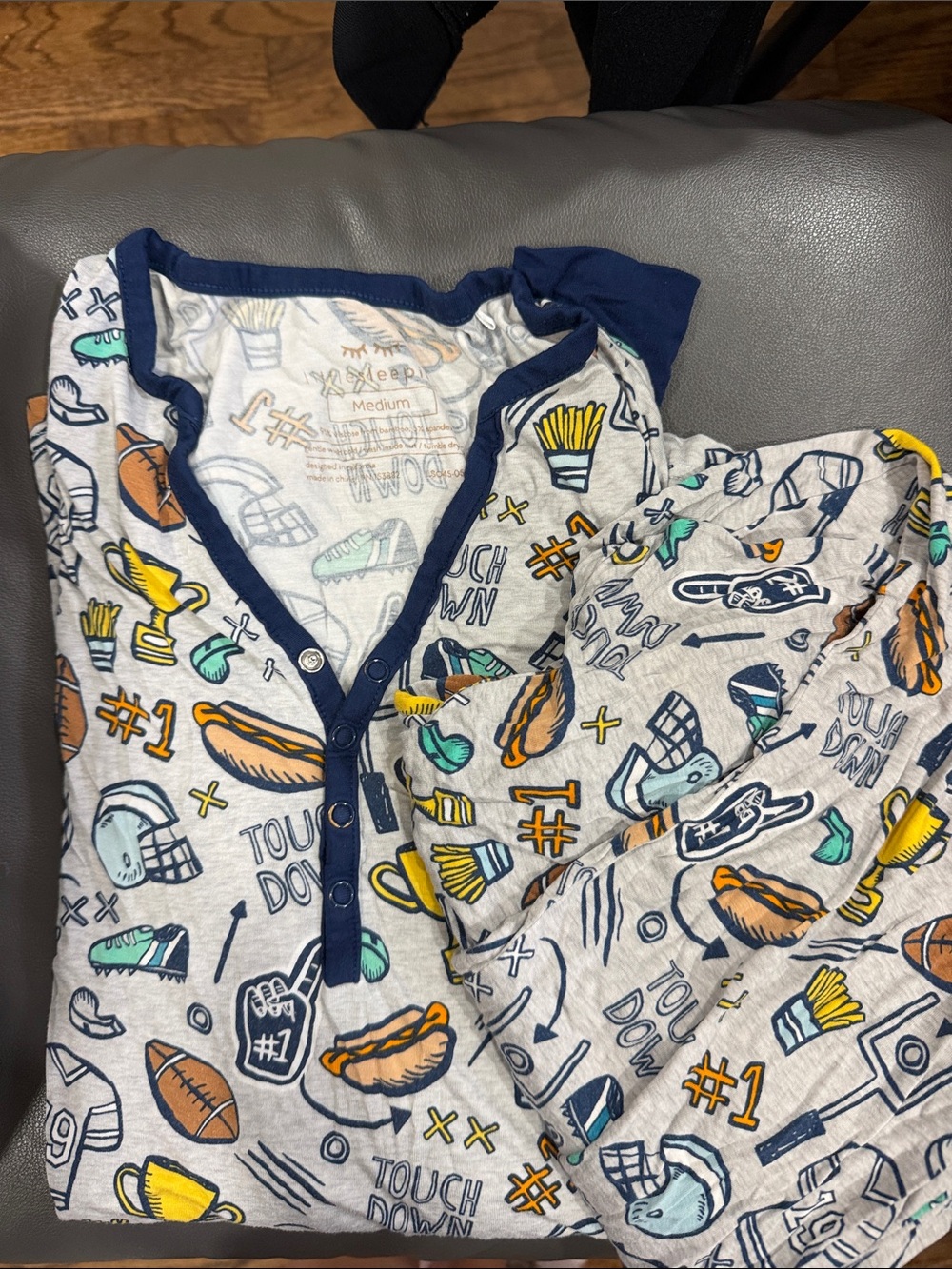Little Sleepies Gray Football & Snack Print Pajama Set with Navy Trim